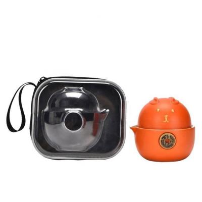 China Travel Viable Wholesale Cute Ceramic Tea Set Chinese Gongfu Orange Teapot Set With 2 Teacups Portable Carry Bag for sale