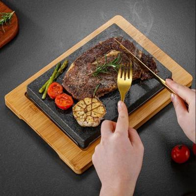 China Lava Stone Steak Plate Stocked with Bamboo Tray Cooking Hot Stones for Steak Indoor Grill Sizzling Steak Hot Stone Cooking Rock Set for sale