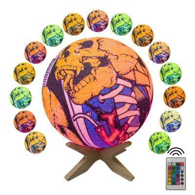 China Simplicity Modern Colorful Remote& Touch 16 Colors LED Skull Moon Light With Wooden Stand 3D Night Light for sale