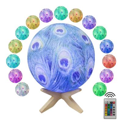 China Modern Simplicity Outdoor 16 Colors Peacock 3D LED Feather Shape Moon Light with Wooden Stand Night Light for sale