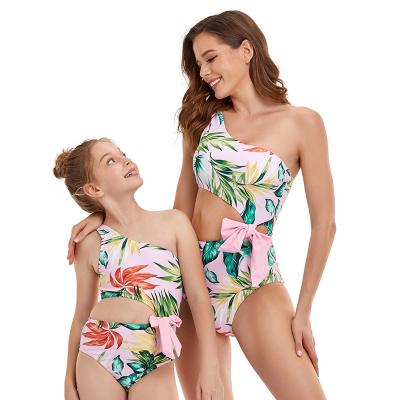 China Breathable OEM Factory Custom Design One Piece Inclined Shoulder Mother Daughter Swimsuit Fashion Acceptable for sale