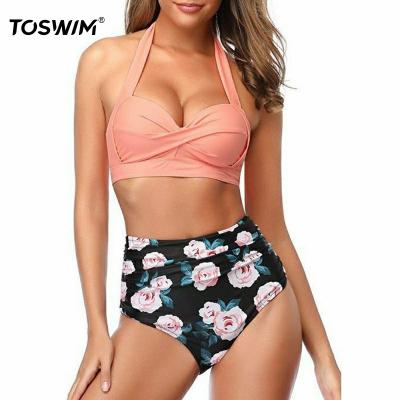 China 2022 New European African American Styles Antibacterial Solid Color 2 Pieces V Neck Floral Women Girls Swimwear Sexy Beachwear for sale