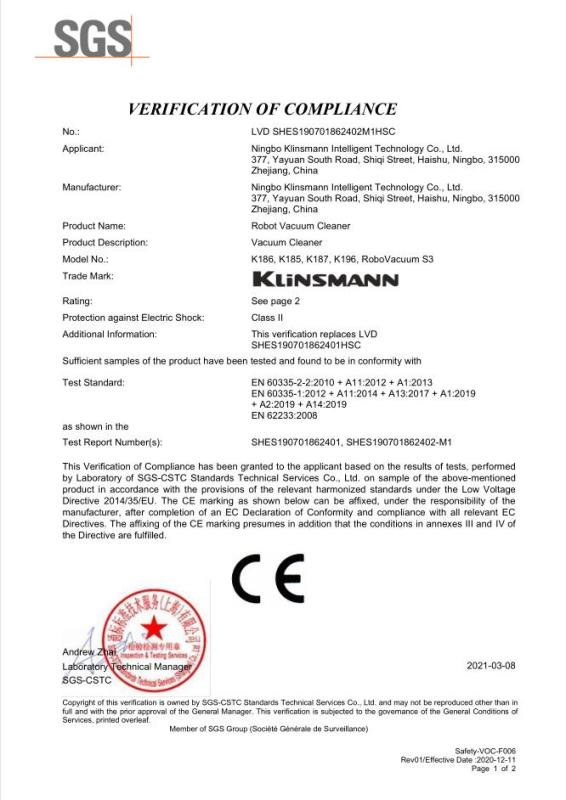 CE - Ningbo Klinsmann Intelligent Technology Co., Ltd.