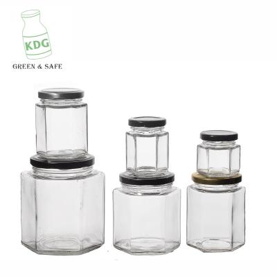 China Bulk Lids Cheap Transparent Hexagon Metal Canned Food Wholesale Capacity Glass Jars for sale