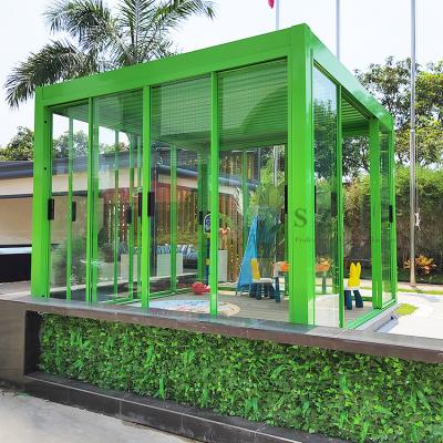 China Soundproof Garden Glass Room With Motor Almunium Waterproof Canopy Roof Remote Control System for sale