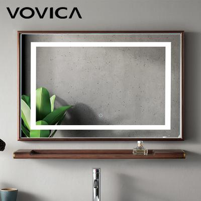 China Bathroom Vanity Wood Frame Touch Screen Magnifying Smart Led Anti-fog Solid Wood Mirror With Light for sale