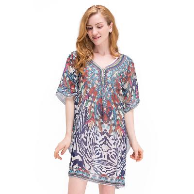 China Summer Breathable Leopard Chiffon Floral Kaftan With Rhinestone Short Kaftan Beach Wear for sale