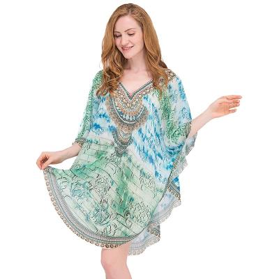 China Print Breathable Crystal Embellished Digital Beach Kaftan Cover Up for sale