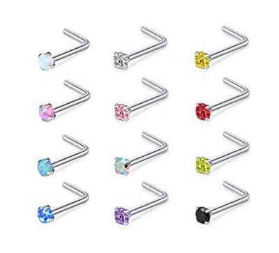 China FASHIONABLE Jewelry Titanium Double Nose Rings Stud Fork Set Zircon Nose Stud Fashion Nose Piercing Body Jewelry L Shaped Piercing for sale