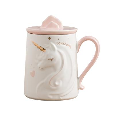 China Creative ceramic embossed cartoon cute cute unicorn cup afternoon tea coffee milk drinks cup large handle capacity cup for sale