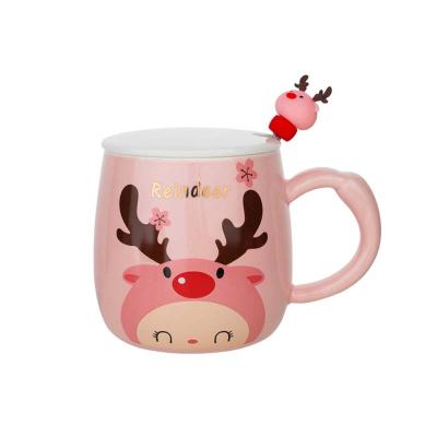 China Christmas Viable Cute Ceramic Mug Cartoon Elk Mug Creative Home Office Breakfast Coffee Drinks Mug With Lid Spoon for sale