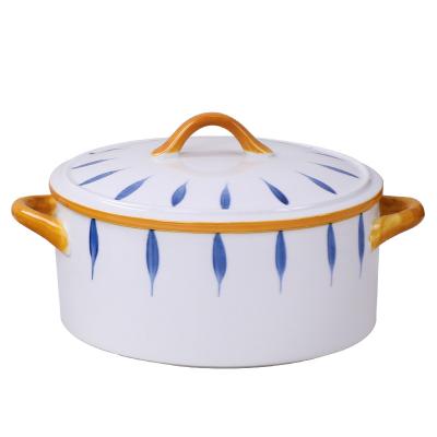 China Viable Japanese style ceramic creative hand-painted household soup binaural pot with lid rice noodle dormitory baked bowl for sale