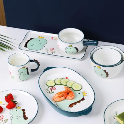 China Durable Cute Ceramic Household Dinosaur Cartoon Cups And Saucers Cups And Saucers Restaurant Meal Set Dishes for sale