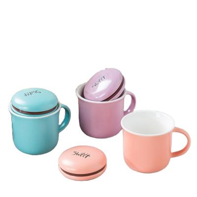 China Solid Color Viable Beautiful Macaroon Ceramic Mug With Creative Color Cup Simple Candy Milk Lid Coffee Head Office Restaurant Water Cup for sale