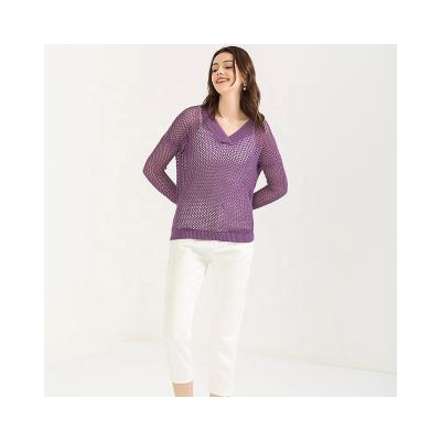 China Anti-wrinkle factory supply ladies v neck sweater knitted long sleeve pure cotton knitted pullover sweater purple for sale