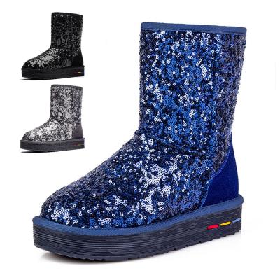 China Winter Fashion Round Outdoor Sequins Sparkle Bean Snow Duck Genuine Leather Boots For Women for sale