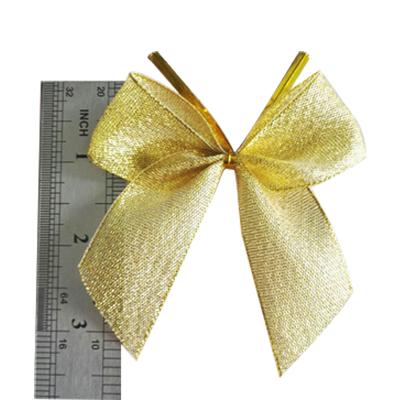 China Sustainable Gold Color Pre Tied Polyester Satin Christmas Ribbon Bow With Wire Twist Tie for sale