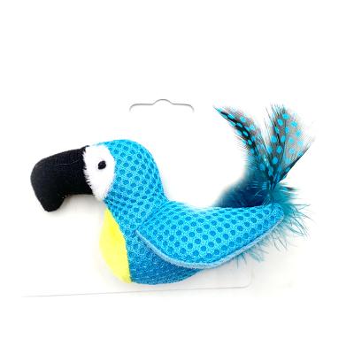 China Sustainable Colorful Cute Recycled Blue Organic Polyester Parrot Shape Cat Toys With Feather for sale