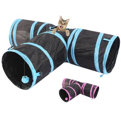 China Viable Retractable Tube Puzzle Ground Fun Factory Three Way Collapsible Pet Cat Tunnel Toys for sale