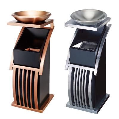 China New Design High Quality Sustainable Waste Bin Stainless Steel Luxury Trash Can With Standing Ashtray Round Hotel Garbage Bin for sale