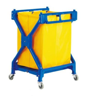 China Hot Sale Modern Yellow Canvas X Shape Hotel Room Service Laundry Cart Foldable Basket Cart Cleaning Trolley for sale