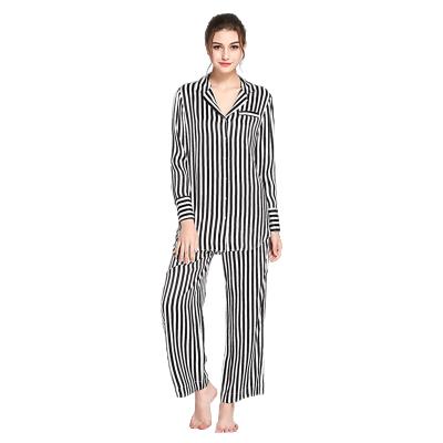 China 16MM High Grade QUICK DRY 100% Silk Women's Nightgown Wear Pajamas Sets Luxury Stripe Sleep Shirt And Pants for sale