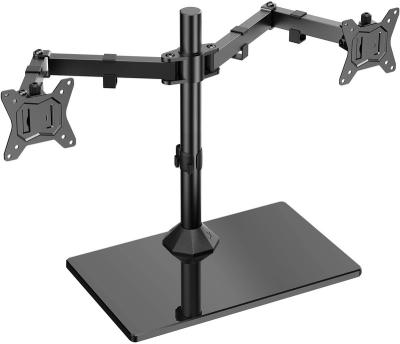 China Ameely Dual Base Foldable Steel Glass Bracket Dual Monitor Arm Steel Monitor Desk Arm for sale