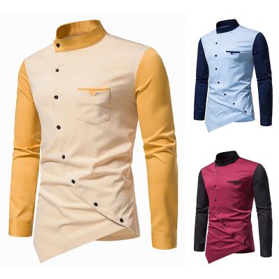 China Youth European code Amazon anti-pilling contrast color men's irregular luxury shirt personality oblique button long sleeves shirt for sale