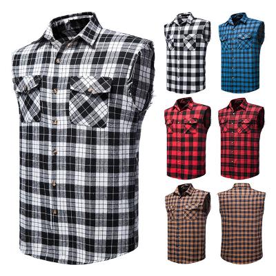 China Wholesale Anti-Shrink Hot Sale Men's Casual Flannel Plaid Shirt Cotton Plus Size Tank Tops Sleeveless Shirts for sale