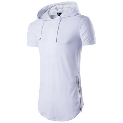 China New Summer Men's Zipper Hooded T-shirt Anti-wrinkle Long High Street Double-sided Loose Hip-hop T-shirt Hooded Short-sleeved T-shirt for sale