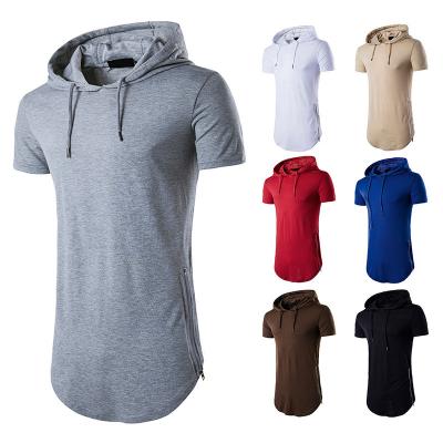 China New Summer Men's Anti-wrinkle Double Long Zipper High Street Hip Hop Side Hooded Short T-shirt for sale