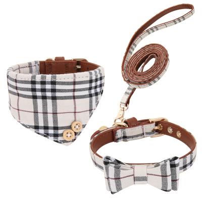 China Classic Beige Padded Plaid Collars and Leashes for Dogs Adjustable Lead Set Dog Bandana Collar and Dog Collar Supplies for sale