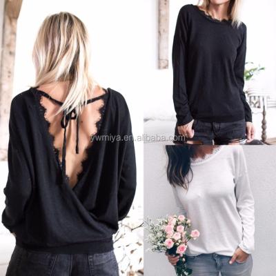 China FX042 Anti-Static, Women Fashion Comfortable Shirt Long Sleeve Solid Color Lace Backless Fashionable Women Top T-shirt for sale