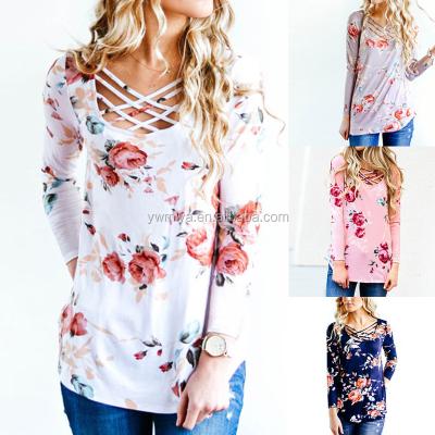 China Anti-pilling MY-217 2018 Latest Fall Fashion Long Sleeve Shirts With Floral Print Cross Tied Knitted Blouse Full Elegant Designs Ladies for sale