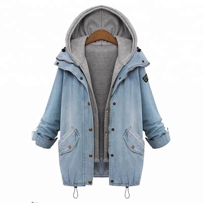 China MY-218 2018 New Fashion Long Sleeve Hoodie style denim jacket viable with zipper and hats drop wholesale long sleeve jacket women's outwear for sale