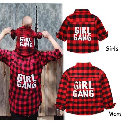 China M-003 new fashion breathable plaid print red black t shirts for women with lap dowm collar sleeve mommy and me long shirts wholesale for sale