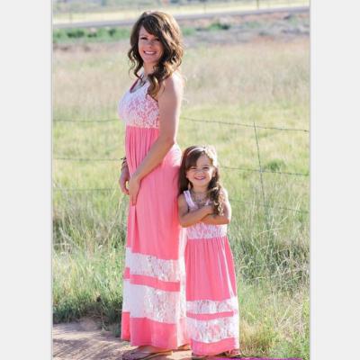 China Breathable sleeveless long dress TS-017 mxi for mom and daughter lace ribbon stitching pattern knitted women mommy and me dress dresses for sale