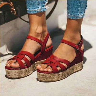 China CUSHIONING LX-009 Hot Selling PU Strap Hand Weaving Open Toe Ankle Strap Sandals For Women Thick Unique Platform Custom Sandals Wholesale for sale