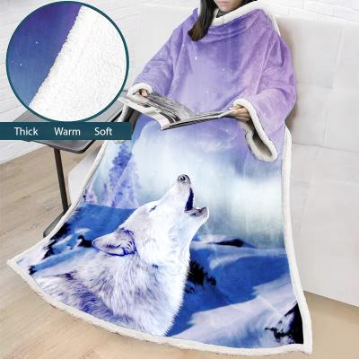 China BK-002 Hot Selling Anti-Pull 3D Night Wolf Print Faux Cashmere Fur Fleece Thick Velor Blankets With Sleeves For Adult And Kids Warm Blanket for sale