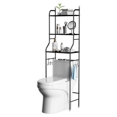 China Rustproof Corrosion Protection 3 Layer Multifunctional Home Metal Toilet Storage Bathroom Shelves With Hooks for sale