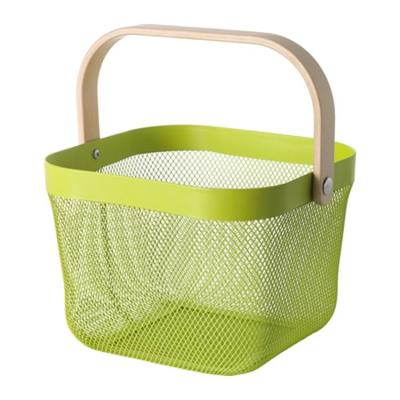 China Metal Square 6 Mesh Wire Storage Basket With Wooden Handle Between Europe And Japan Viable Colors for sale