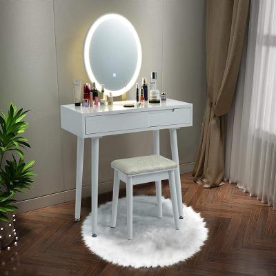 China With LED White Dressing Table With Mirror Round Modern Elegant Eco-Friend 2 Drawer LED Makeup Table Solid Wood Vanity Set for sale