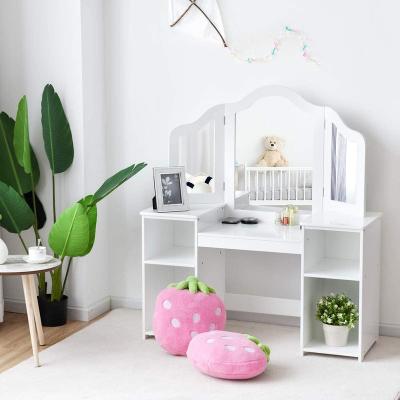 China Single Multi Function Tri Folded White Pink Wooden Mirror Study Writing Table Kids Dressing Table For Girls for sale