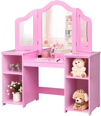 China Simple High Quality Eco-friendly Wood Tri Folded Wooden Mirror Pink Kids Makeup Table With Large Capacity Storages for sale