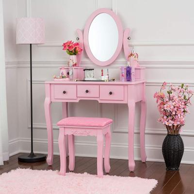 China Simple Stylish Eco-Friendly Wooden 5 Drawers Storage Dresser Makeup Vanity Table With Cushioned Stool for sale