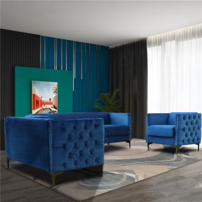 China Other Low Price Modern Living Room Sofa Set Couch Furniture Blue Luxury Velvet With Metal Loveseat Legs Three Seater Sofa for sale