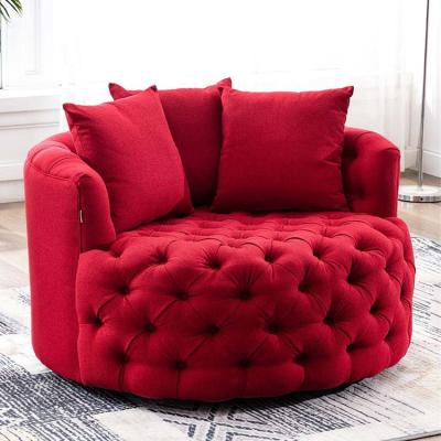 China Modular Modern Wide Swivel Tufted Barrel Fabric Velvet Stainless Steel Leisure Chair Round Swivel Sofa For Home Hotel Furniture for sale