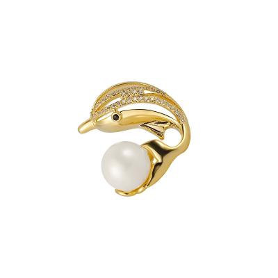 China Best Selling Environmental Friendly Zirconia Brooch Cute Dolphin For Women Girl With Christmas Gift New Delicate Pearl Brooch for sale