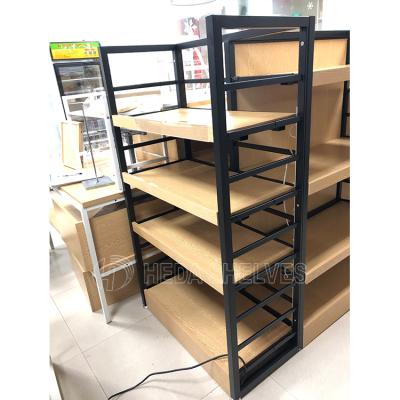 China Heda Customized Double Sided Wooden Supermarket Display Gondola Stand Custom Steel Grocery Storage Wall Floating Shelf for sale