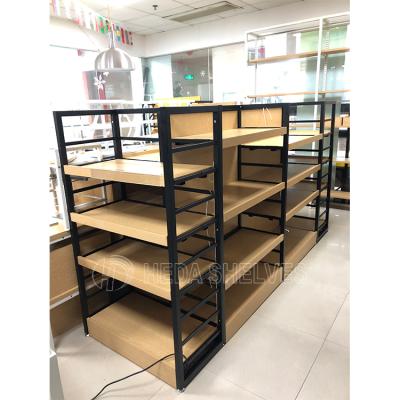 China Heda Double Sided Gondola Gondola Display Rack Double Sided Wooden Products Display Stand Shelving for sale